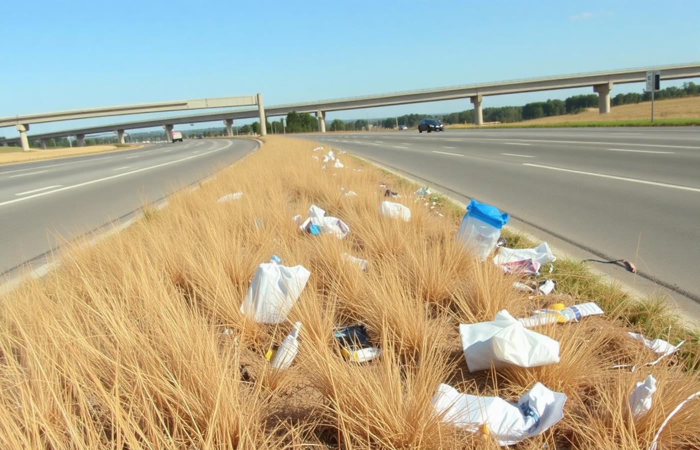 Before cleanup: Freeway on-ramp shoulder litter abatement