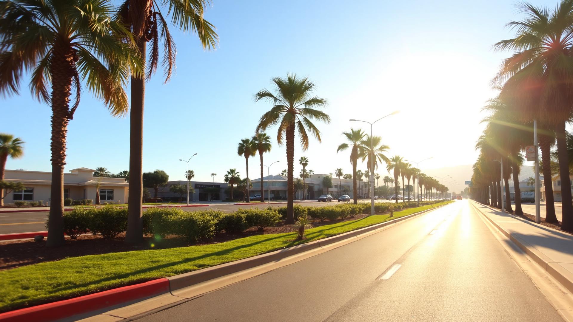 Clean Southern California boulevard with a landscaped median and spotless curbs