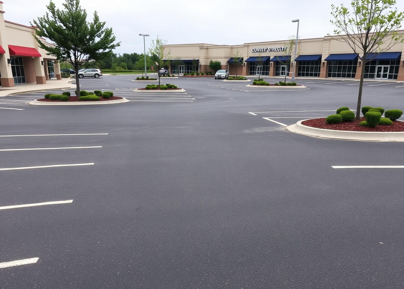 Spotless retail center parking lot with landscaped islands